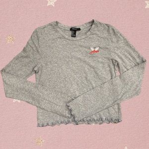 Forever 21 long sleeve Angel embroidered tee with lettuce edge hem size large